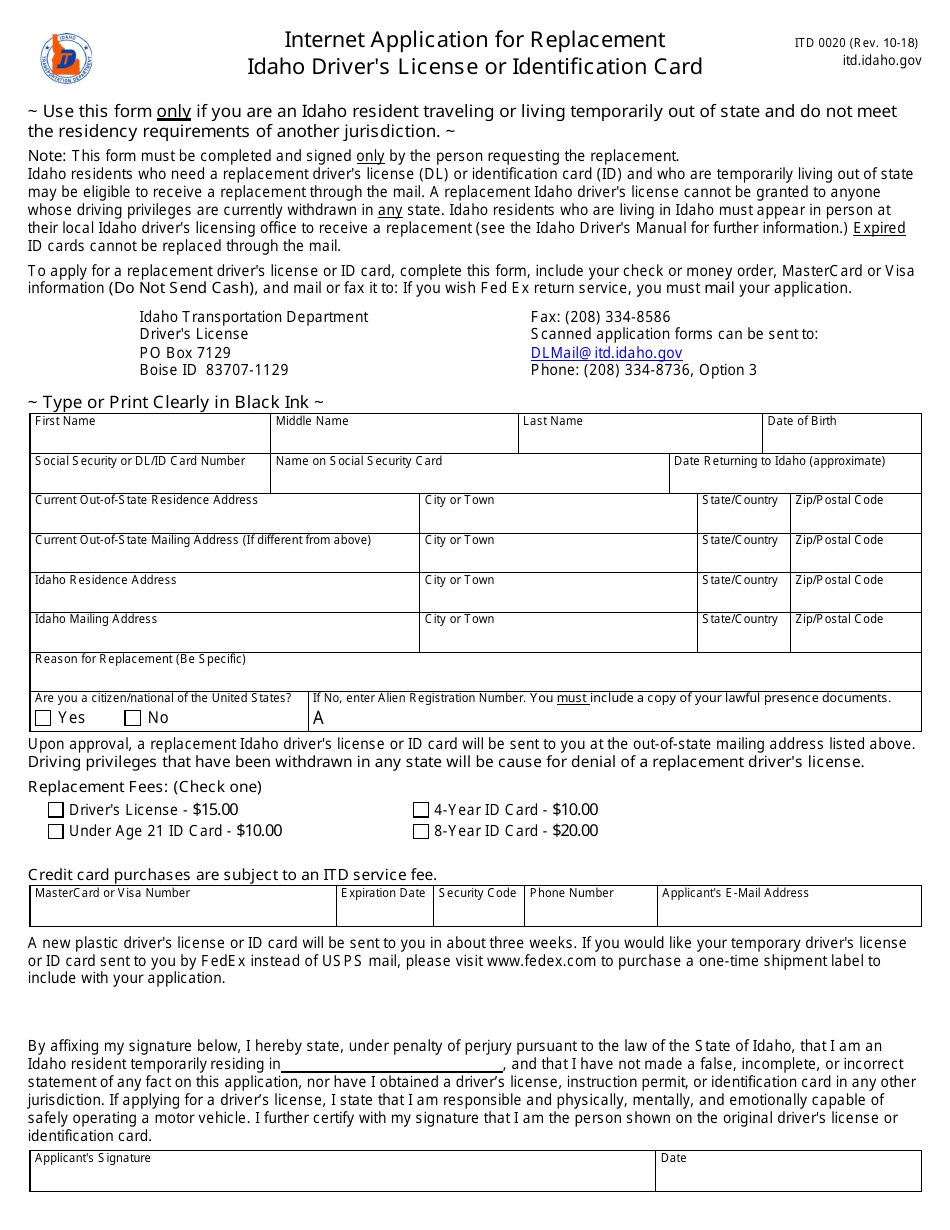 Form ITD0020 Internet Application for Replacement Idaho Drivers License or Identification Card - Idaho, Page 1
