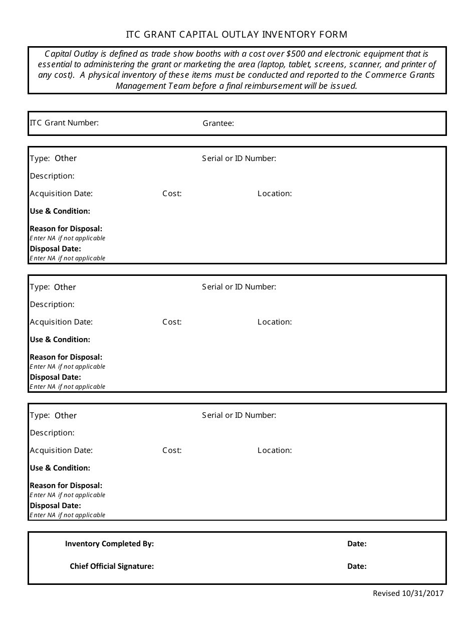 Itc Grant Capital Outlay Inventory Form - Idaho, Page 1
