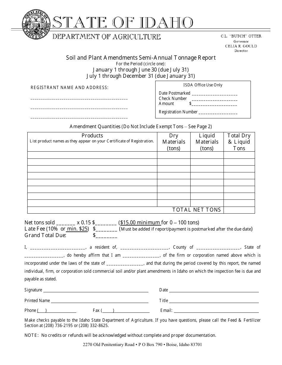 Soil and Plant Amendments Semi-annual Tonnage Report Form - Idaho, Page 1