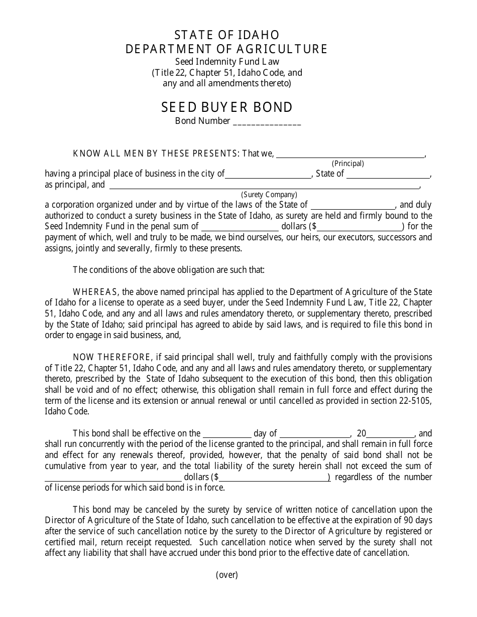 Seed Buyer Bond Form - Idaho, Page 1
