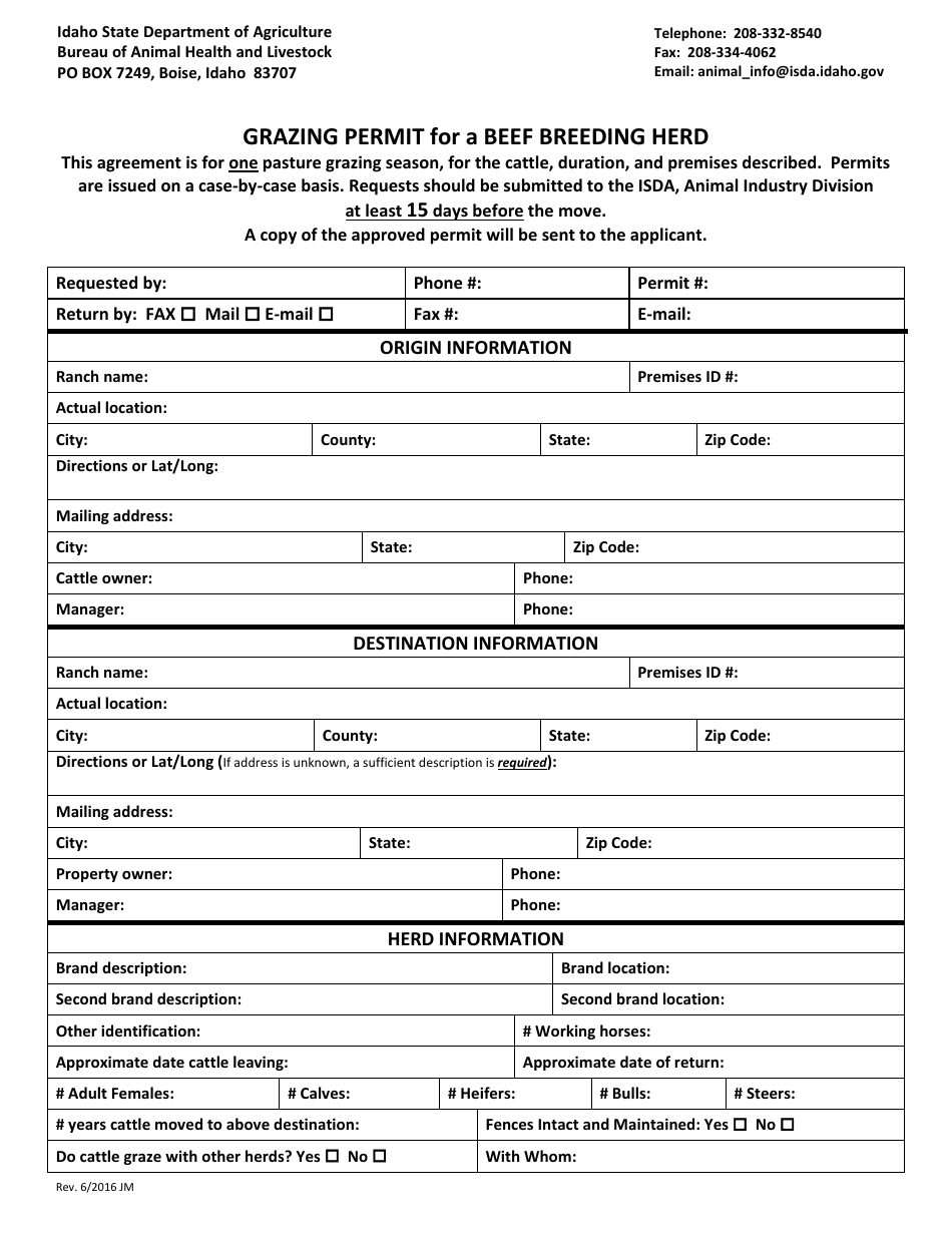 Idaho Grazing Permit for a Beef Breeding Herd Download Fillable PDF