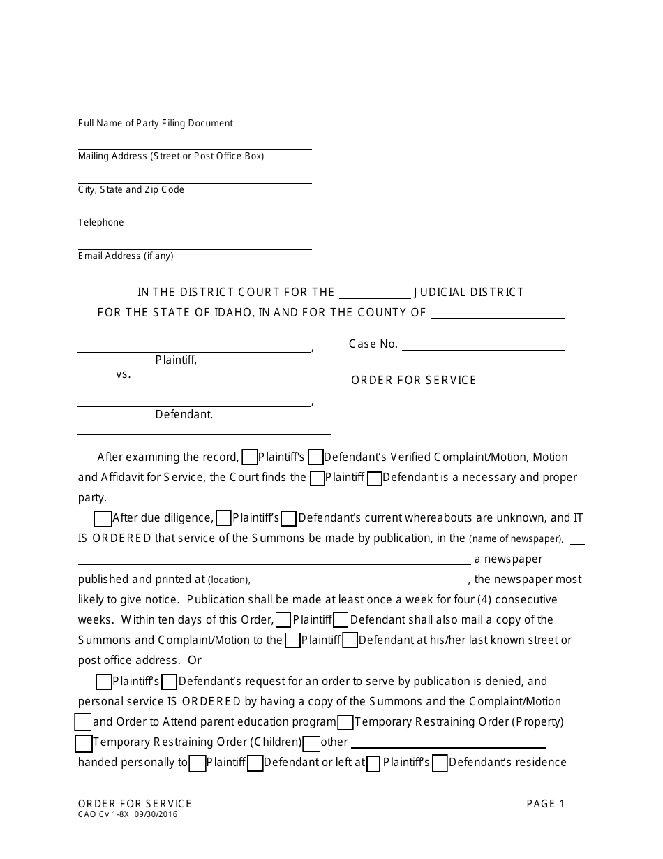 Form CAO Cv1-8X Order for Service - Idaho, Page 1