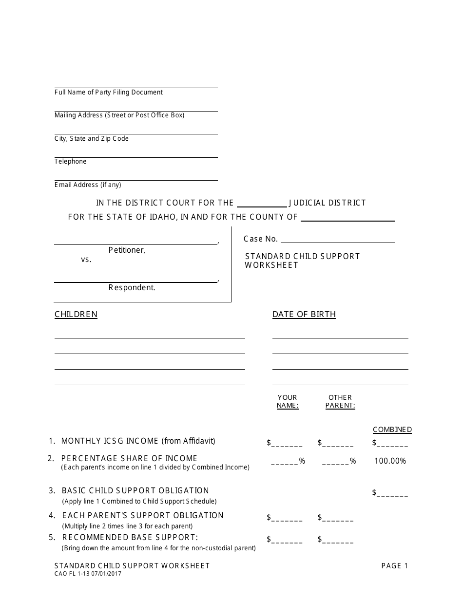 Form CAO FL1-13 Standard Child Support Worksheet - Idaho, Page 1