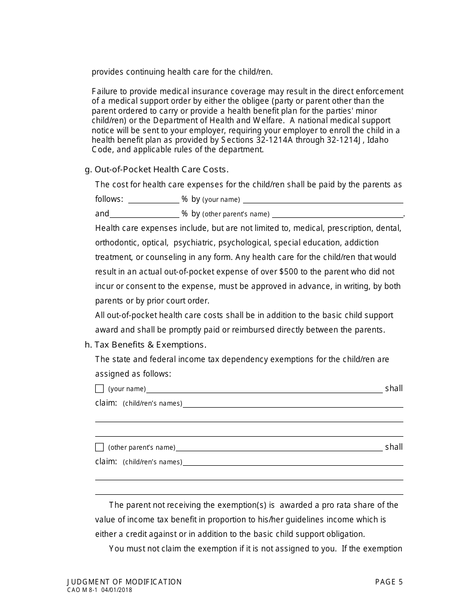 Form CAO M8-1 Judgment of Modification - Idaho, Page 5