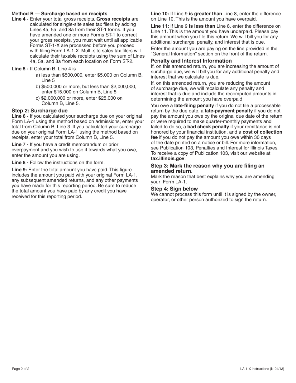 Instructions for Form LA-1-X Amended Live Adult Entertainment Facility Surcharge Return - Illinois, Page 2