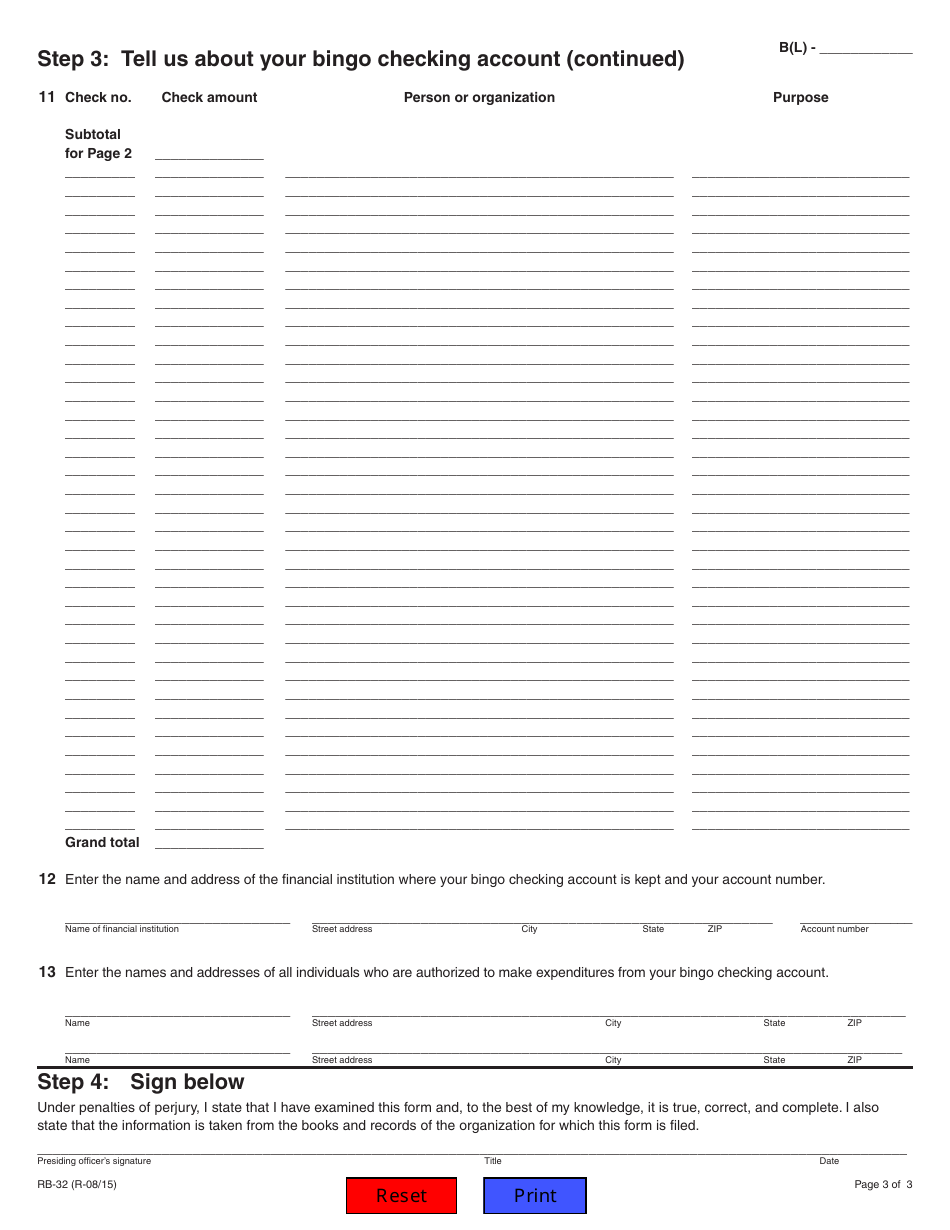 Form RB-32 Expenditure of Funds Earned Through Bingo - Illinois, Page 3