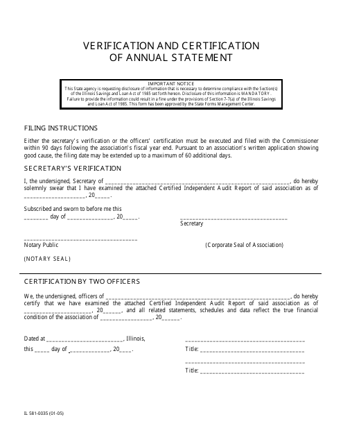Form IL581-0035 Verification and Certification of Annual Statement - Illinois