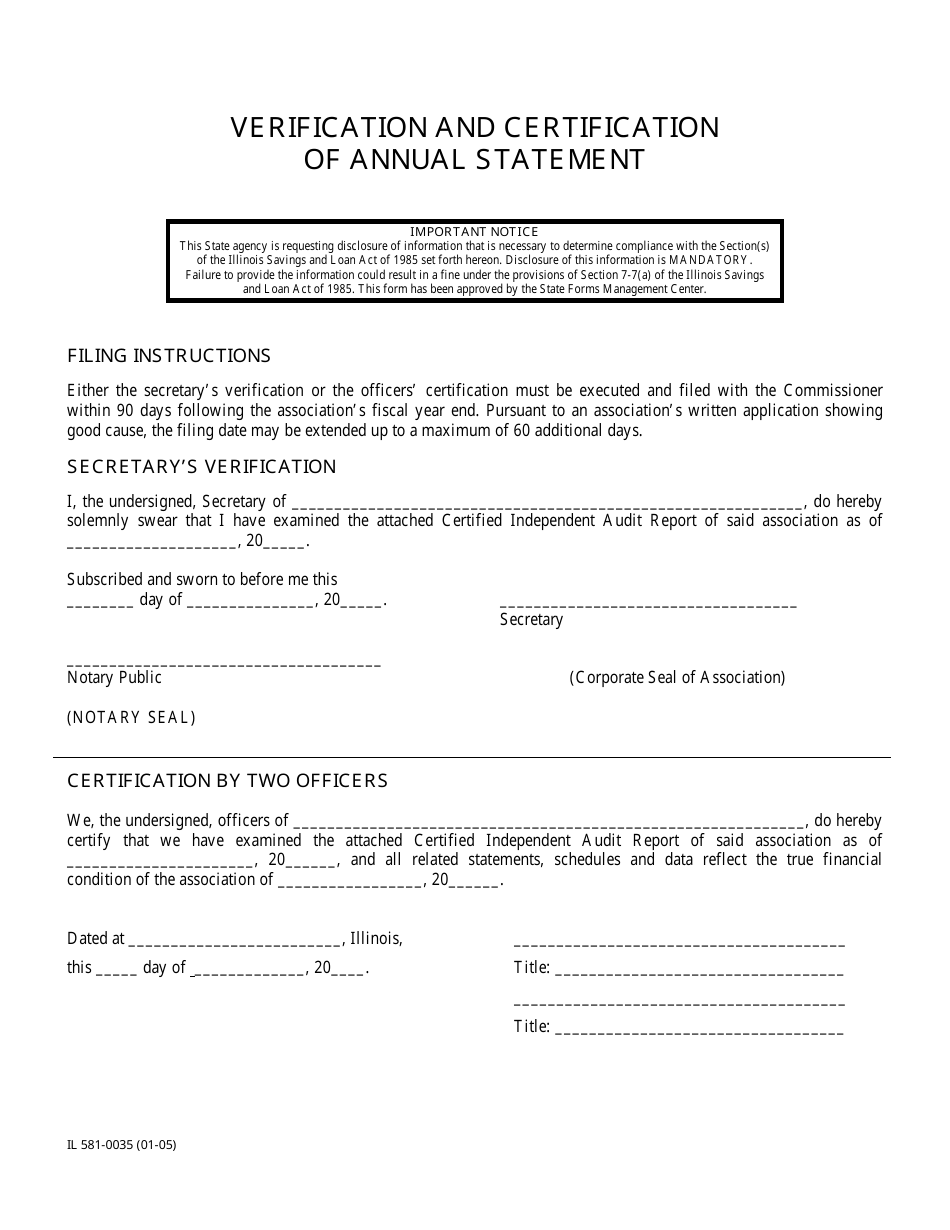 Form IL581-0035 Verification and Certification of Annual Statement - Illinois, Page 1