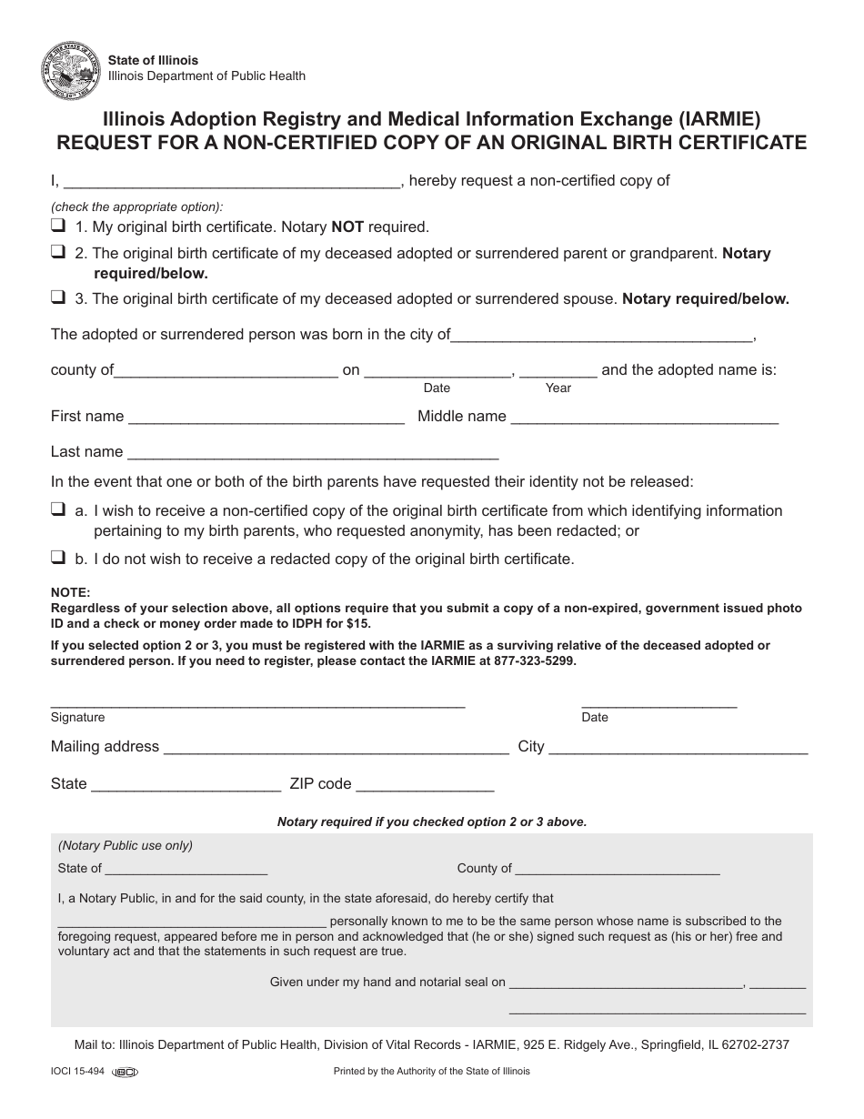 Form IOCI15-494 Illinois Adoption Registry and Medical Information Exchange (Iarmie) Request for a Non-certified Copy of an Original Birth Certificate - Illinois, Page 1