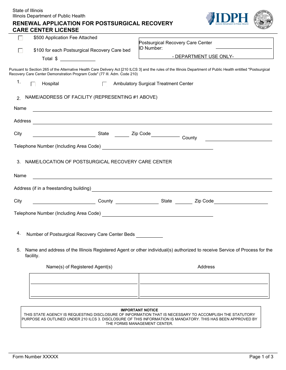 Form XXXXX Renewal Application for Postsurgical Recovery Care Center License - Illinois, Page 1
