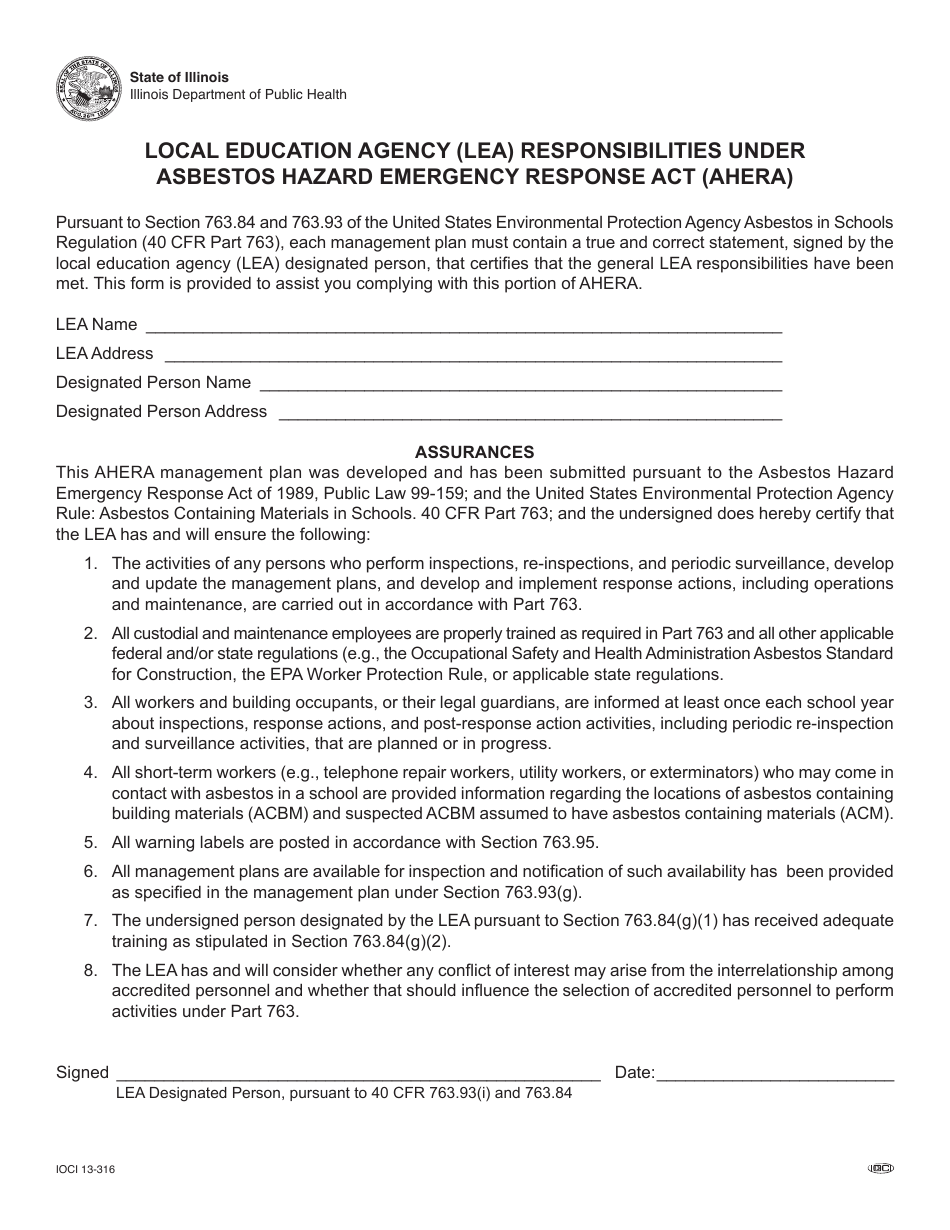 Form IOCI13-316 Local Education Agency (Lea) Responsibilities Under Asbestos Hazard Emergency Response Act (Ahera) - Illinois, Page 1