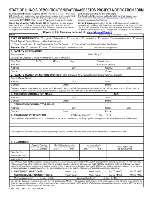 Form IL532-1296 State of Illinois Demolition/Renovation/Asbestos Project Notification Form - Illinois