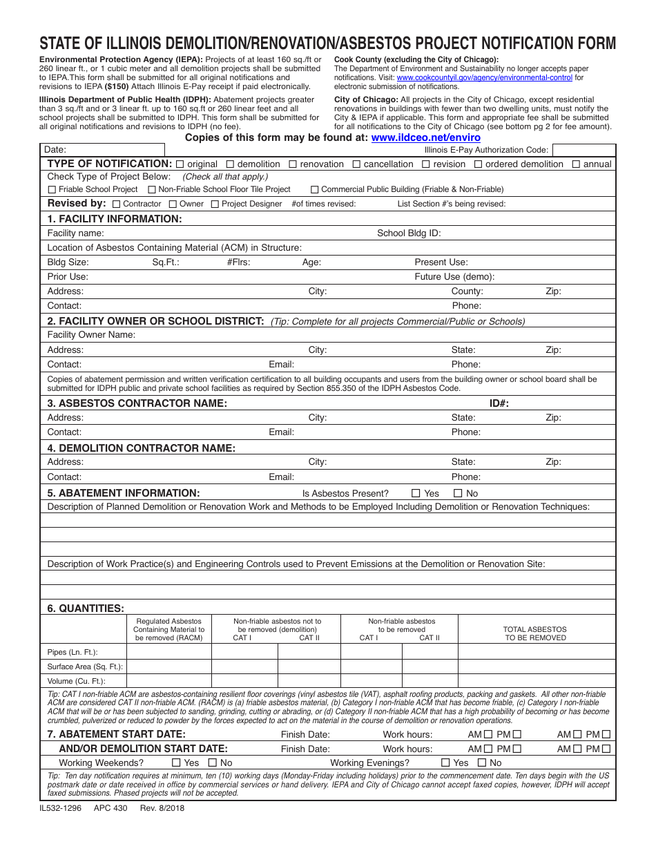 Form IL532-1296 State of Illinois Demolition / Renovation / Asbestos Project Notification Form - Illinois, Page 1