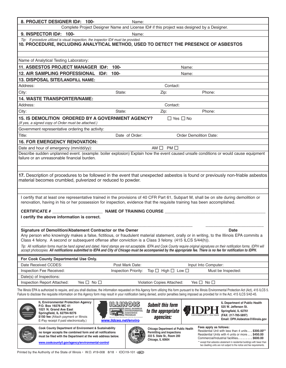 Form IL532-1296 State of Illinois Demolition / Renovation / Asbestos Project Notification Form - Illinois, Page 2