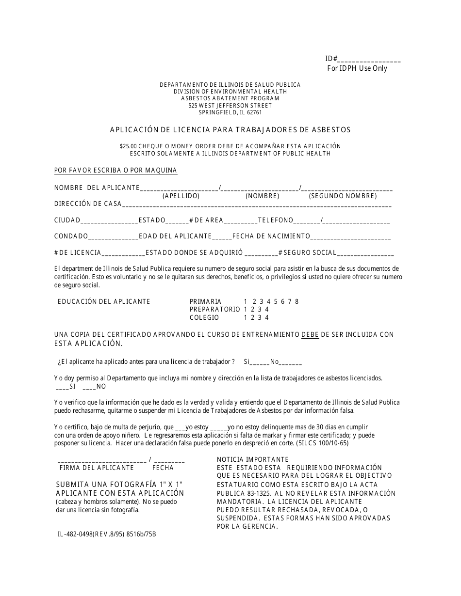 Formulario IL-482-0498 Aplicacion De Licencia Para Trabajadores De Asbestos - Illinois (Spanish), Page 1