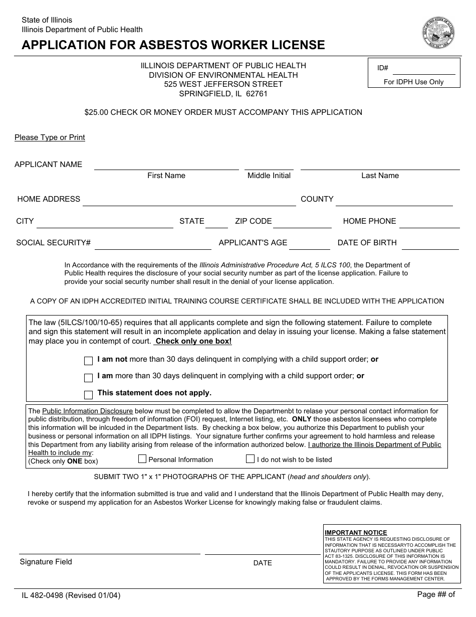 Form IL482-0498 Application for Asbestos Worker License - Illinois, Page 2