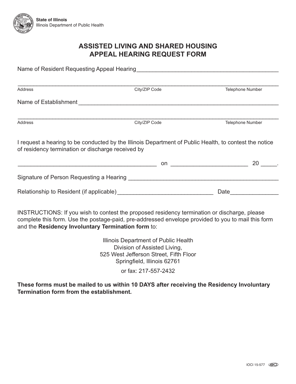 Form IOCI15-557 Assisted Living and Shared Housing Appeal Hearing Request Form - Illinois, Page 1