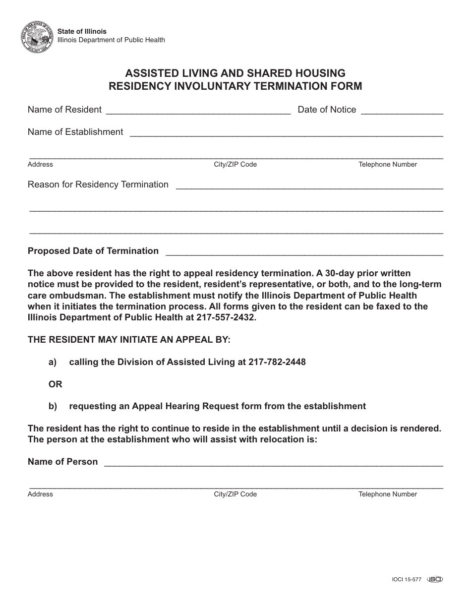 Form IOCI15-577 Assisted Living and Shared Housing Residency Involuntary Termination Form - Illinois, Page 1