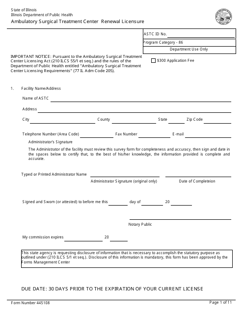 Form 445108 Ambulatory Surgical Treatment Center Renewal Licensure - Illinois