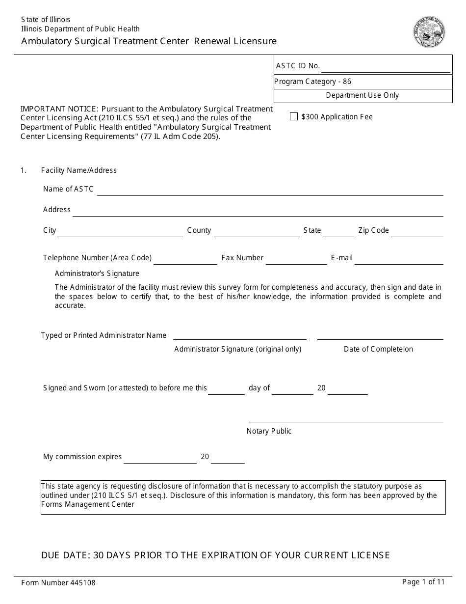 Form 445108 Ambulatory Surgical Treatment Center Renewal Licensure - Illinois, Page 1