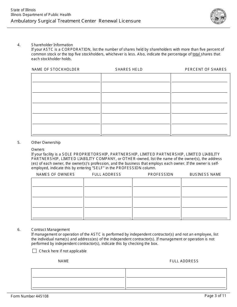 Form 445108 Ambulatory Surgical Treatment Center Renewal Licensure - Illinois, Page 3