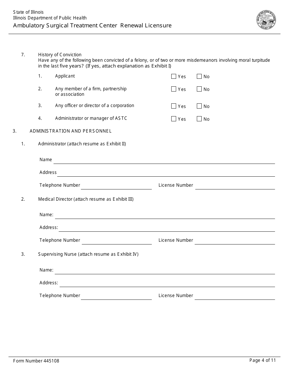 Form 445108 Ambulatory Surgical Treatment Center Renewal Licensure - Illinois, Page 4
