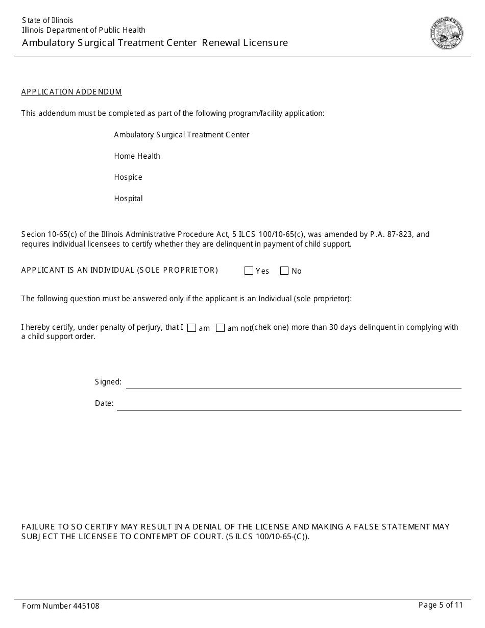 Form 445108 Ambulatory Surgical Treatment Center Renewal Licensure - Illinois, Page 5