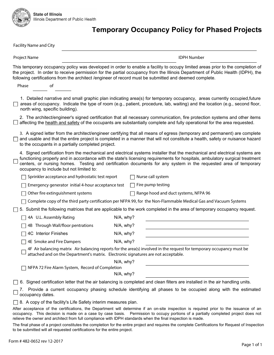 Form 482-0652 Temporary Occupancy Policy for Phased Projects - Illinois, Page 1