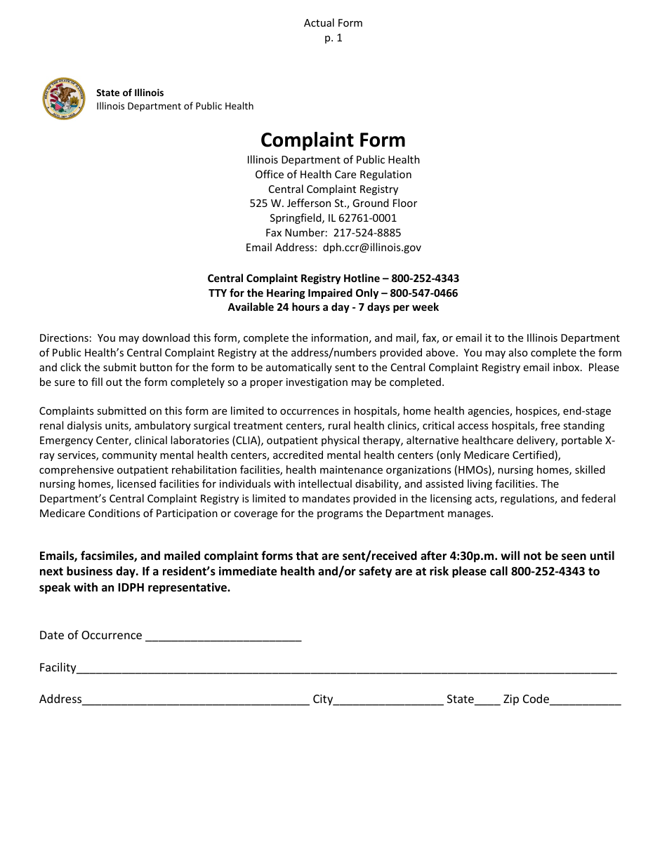 Complaint Form - Illinois, Page 1