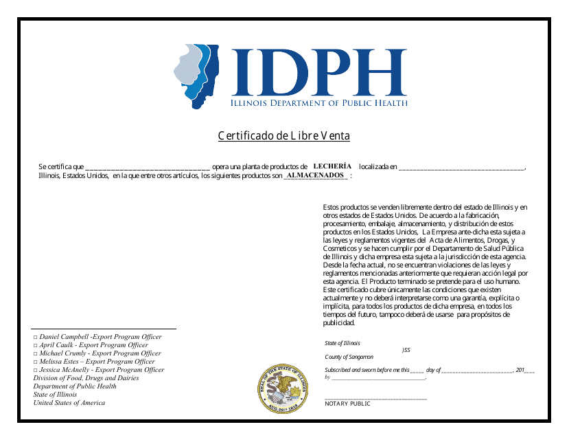 Certificado De Libre Venta - Illinois Download Pdf