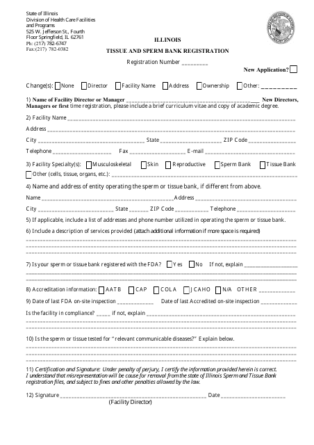 Illinois Tissue and Sperm Bank Registration Form - Illinois Download Pdf