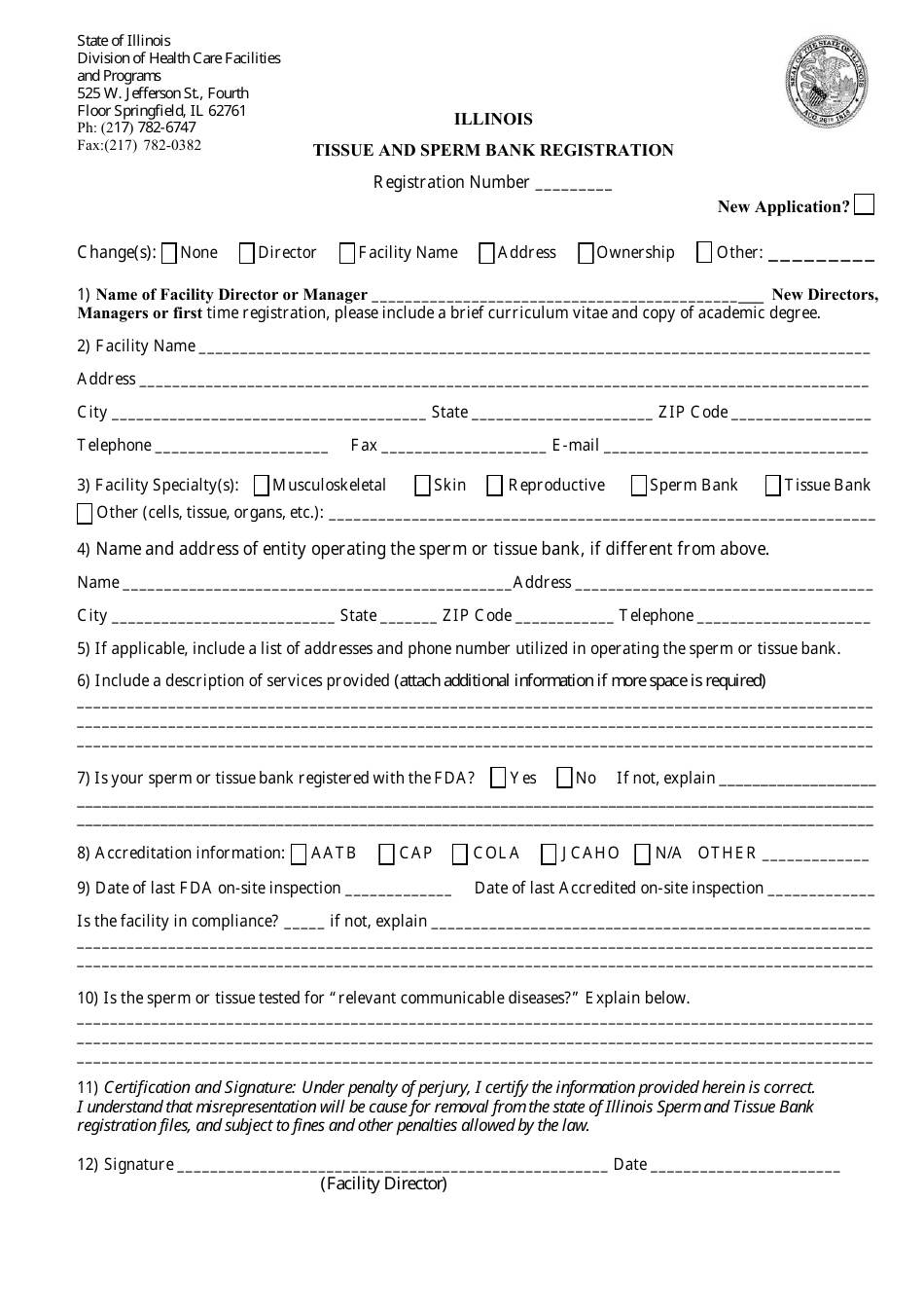 Illinois Tissue and Sperm Bank Registration Form - Illinois, Page 1
