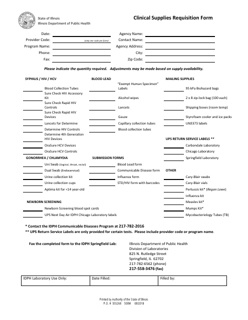 Clinical Supplies Requisition Form - Illinois Download Pdf