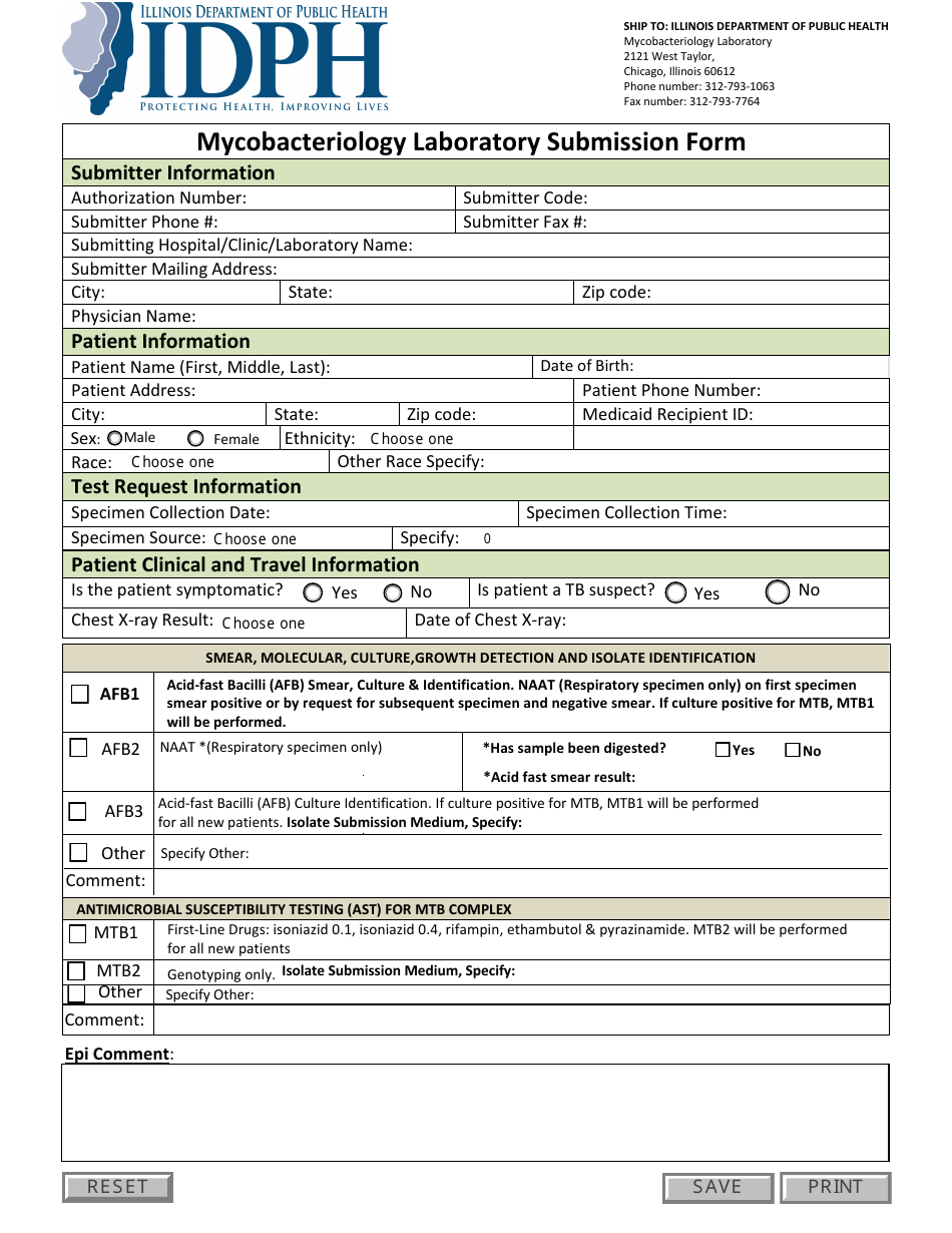 Mycobacteriology Laboratory Submission Form - Illinois, Page 1