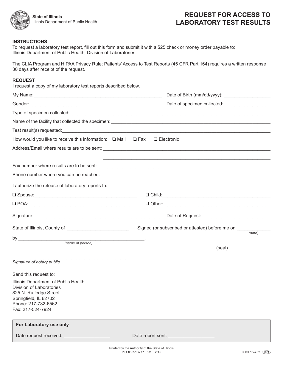 Form IOCI15-752 Request for Access to Laboratory Test Results - Illinois, Page 1