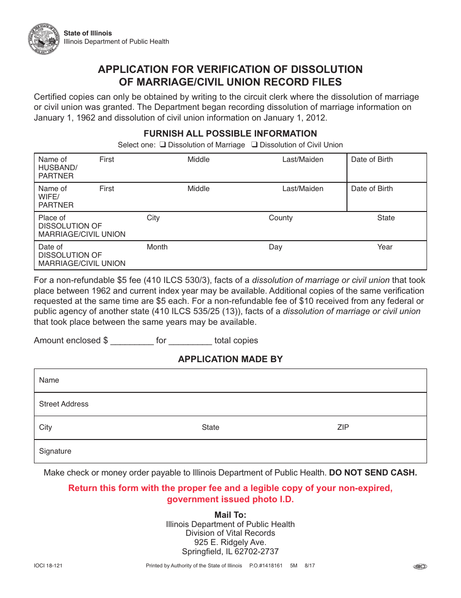 Form IOCI18-121 Application for Verification of Dissolution of Marriage / Civil Union Record Files - Illinois, Page 1