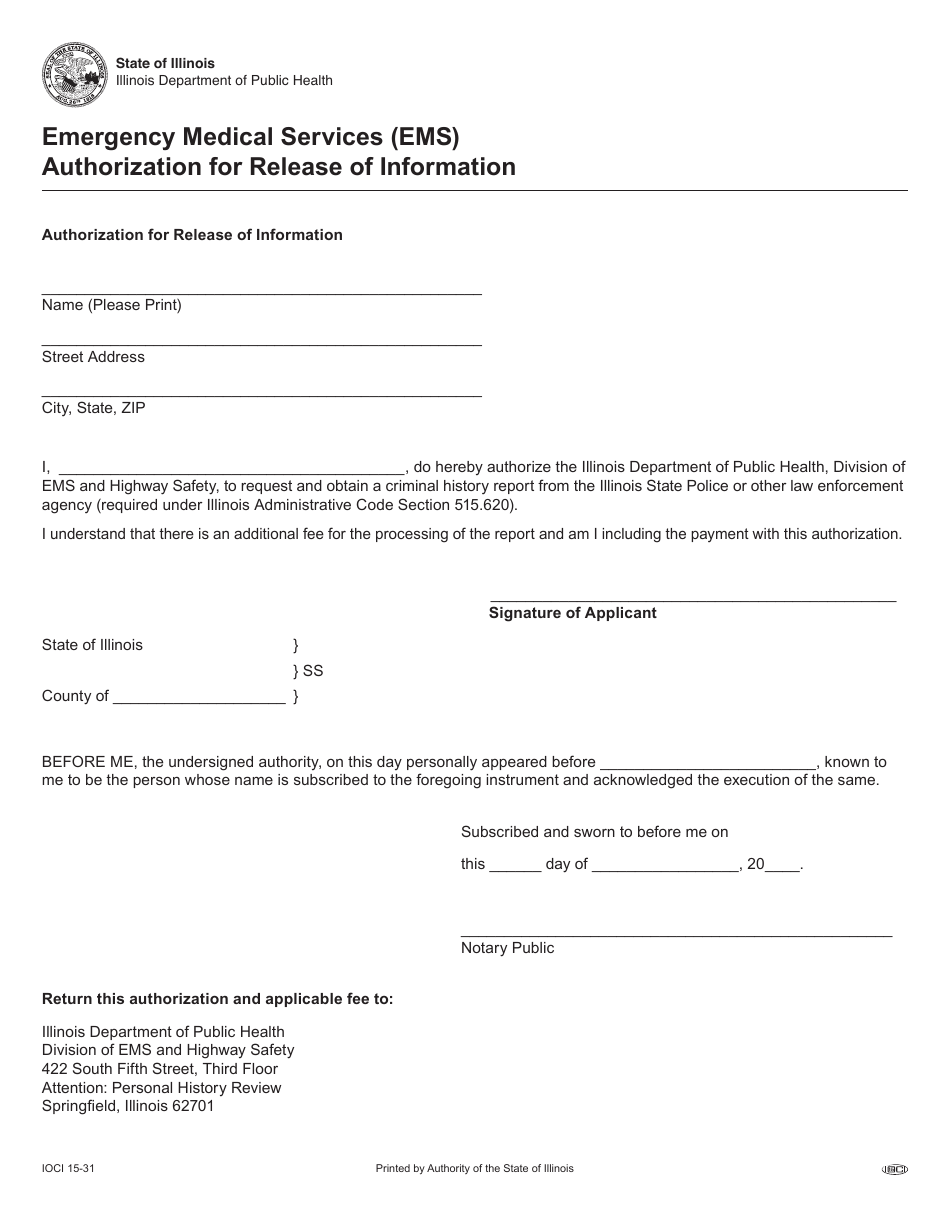 Form IOCI15-31 Emergency Medical Services (EMS) Authorization for Release of Information - Illinois, Page 1