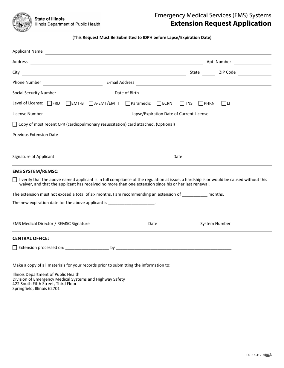 Form IOCI16-412 Emergency Medical Services (EMS) Systems Extension Request Application - Illinois, Page 1