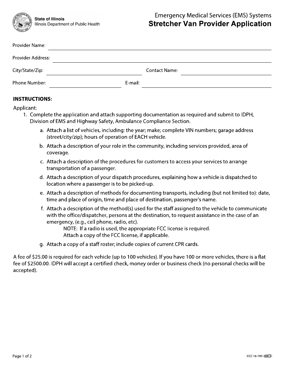 Form IOCI16-190 Emergency Medical Services (EMS) Systems Stretcher Van Provider Application - Illinois, Page 1
