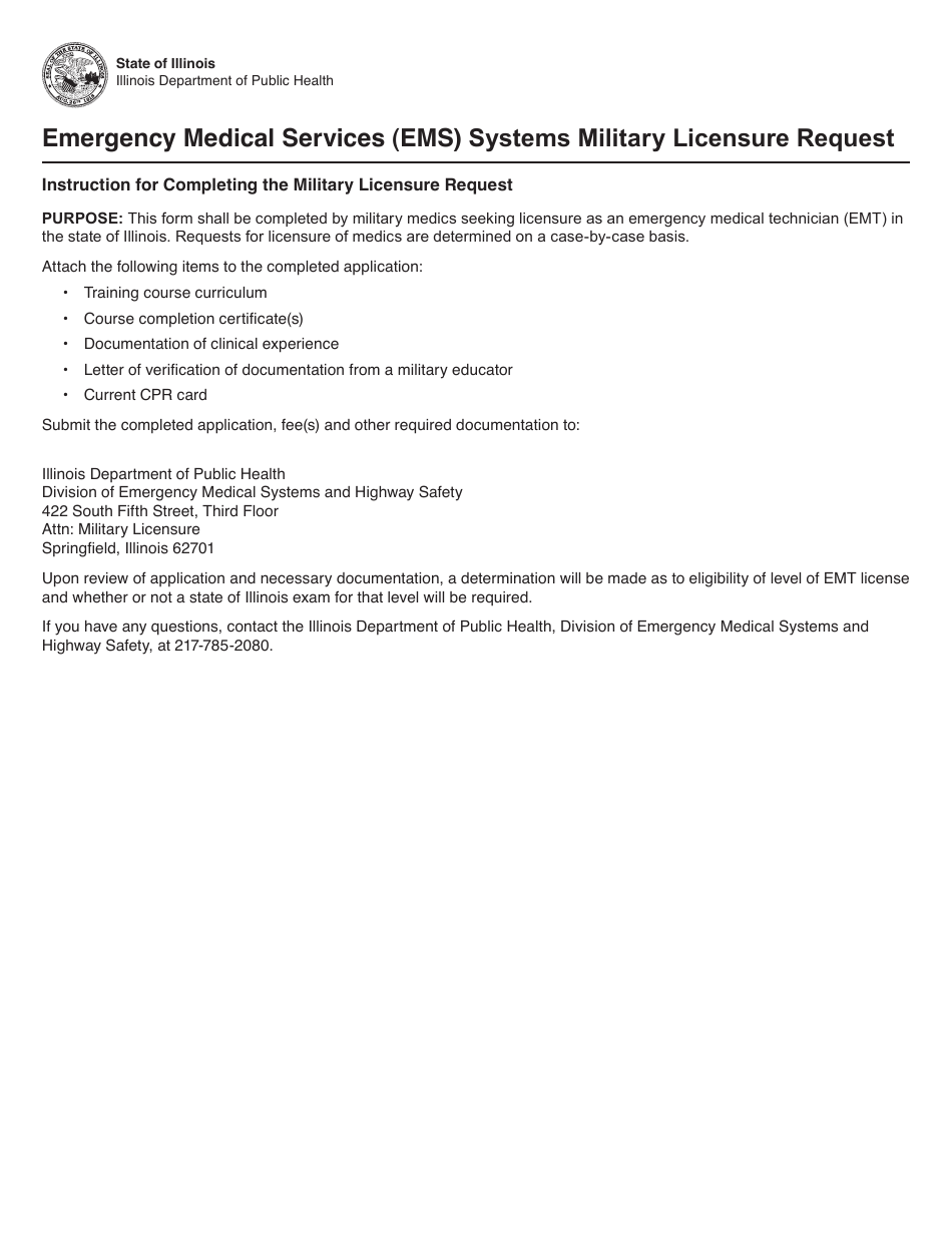 Emergency Medical Services (EMS) Systems Military Licensure Request - Illinois, Page 1