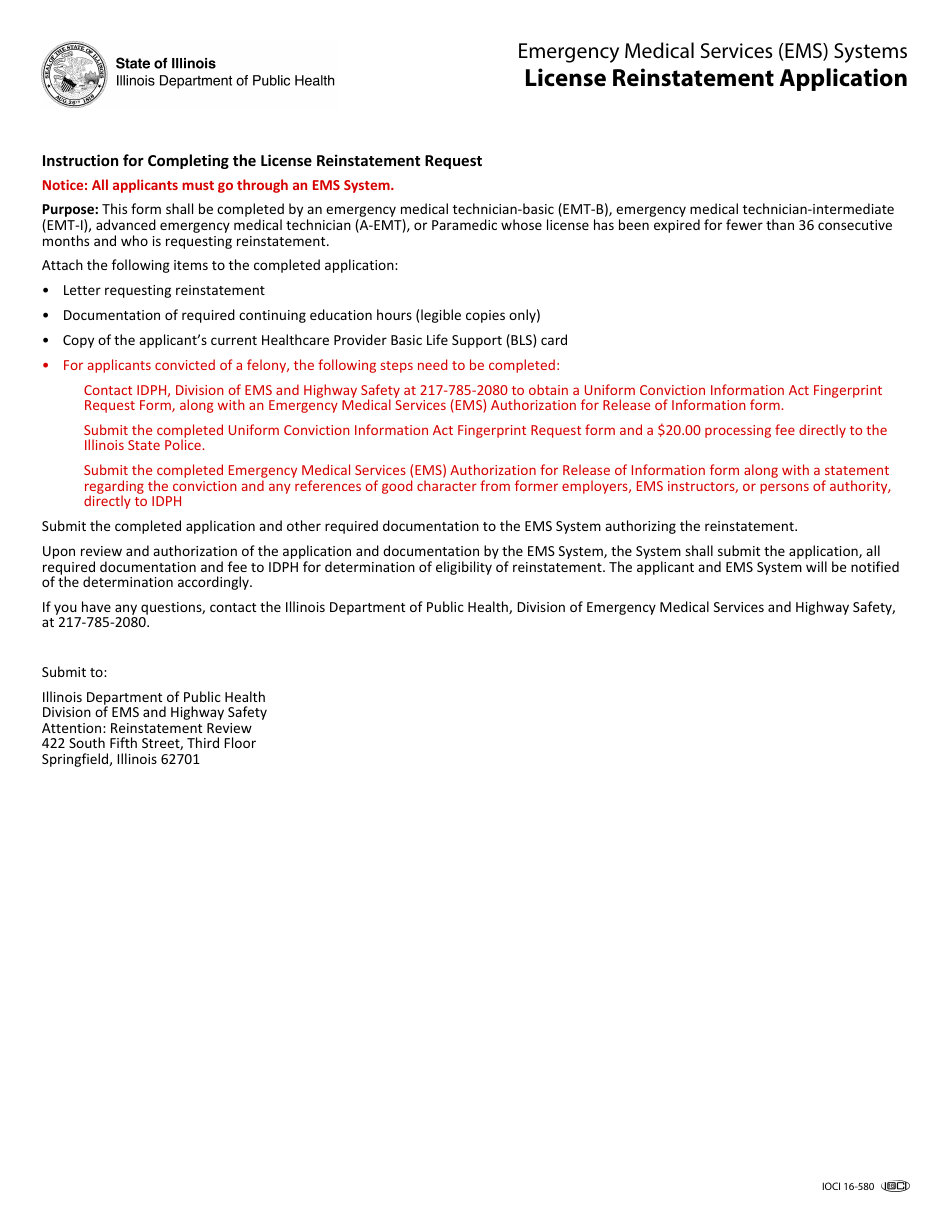 Emergency Medical Services (EMS) Systems License Reinstatement Application - Illinois, Page 1