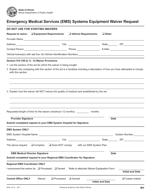 Form IOCI12-12 Emergency Medical Services (EMS) Systems Equipment Waiver Request - Illinois