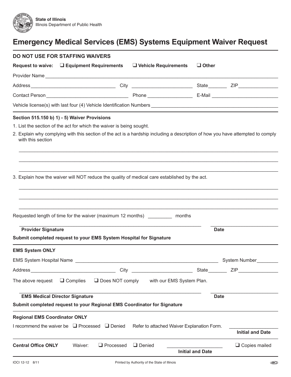 Form IOCI12-12 Emergency Medical Services (EMS) Systems Equipment Waiver Request - Illinois, Page 1