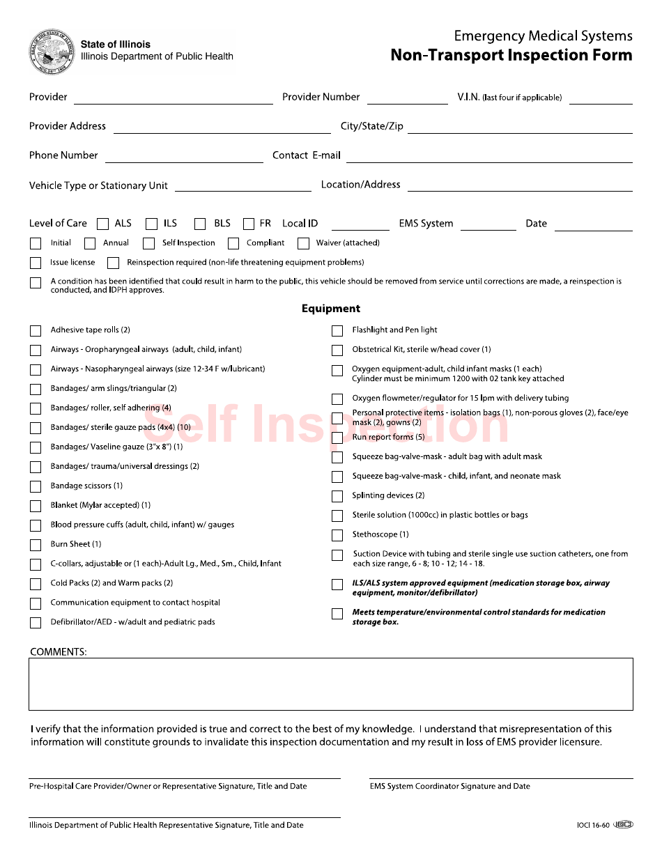 Form IOCI16-60 Emergency Medical Services (EMS) Systems Non-transport Inspection Form - Illinois, Page 1
