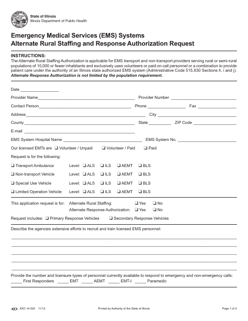 Form IOCI14-322 Emergency Medical Services (EMS) Systems Alternate Rural Staffing and Response Authorization Request - Illinois