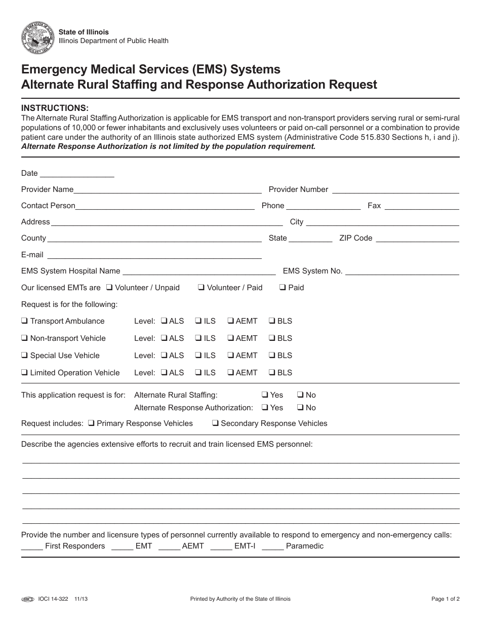 Form IOCI14-322 Emergency Medical Services (EMS) Systems Alternate Rural Staffing and Response Authorization Request - Illinois, Page 1