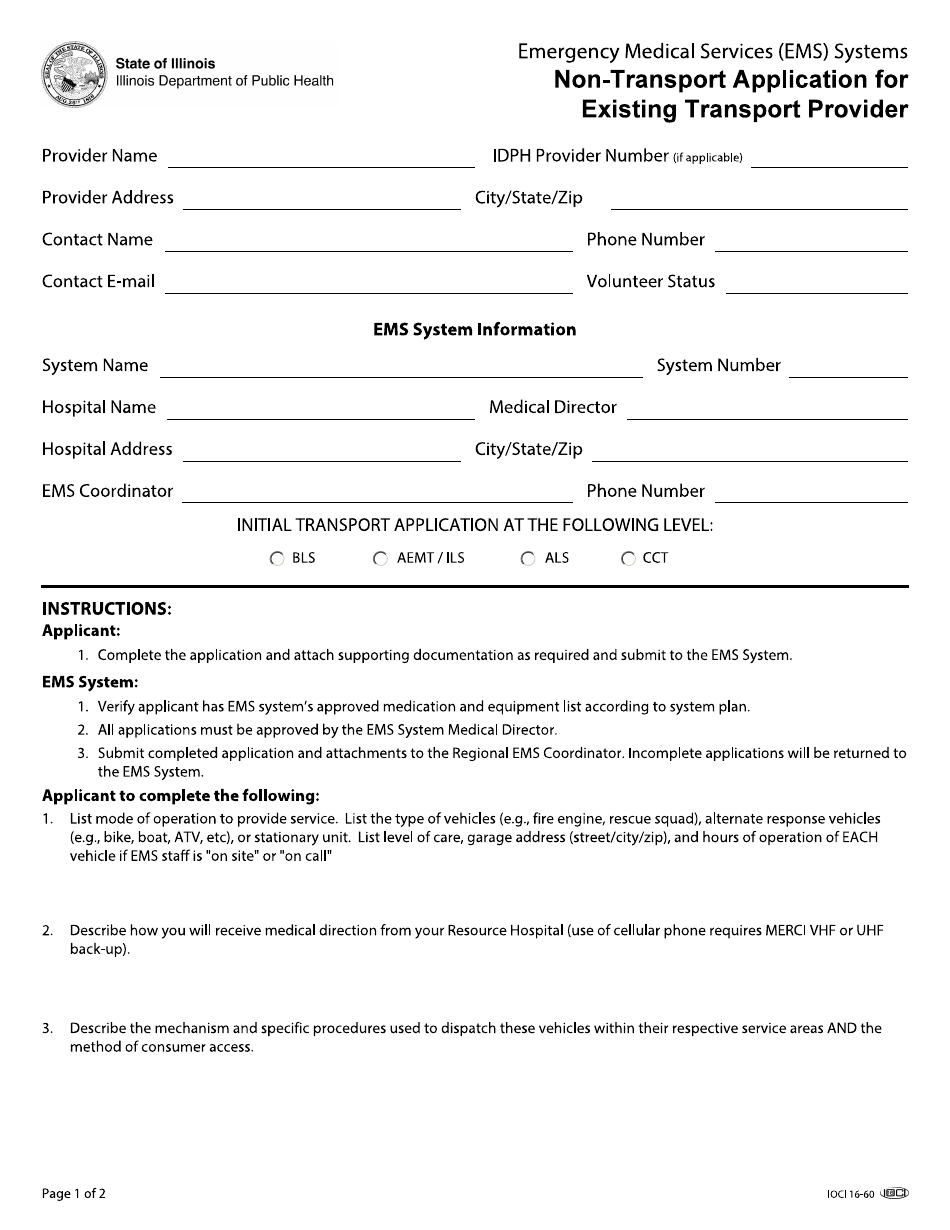 Form IOCI16-60 Emergency Medical Services (EMS) Systems Non-transport Application for Existing Transport Provider - Illinois, Page 1