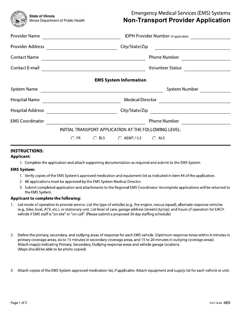 Form IOCI16-60 Emergency Medical Services (EMS) Systems Non-transport Provider Application - Illinois, Page 1