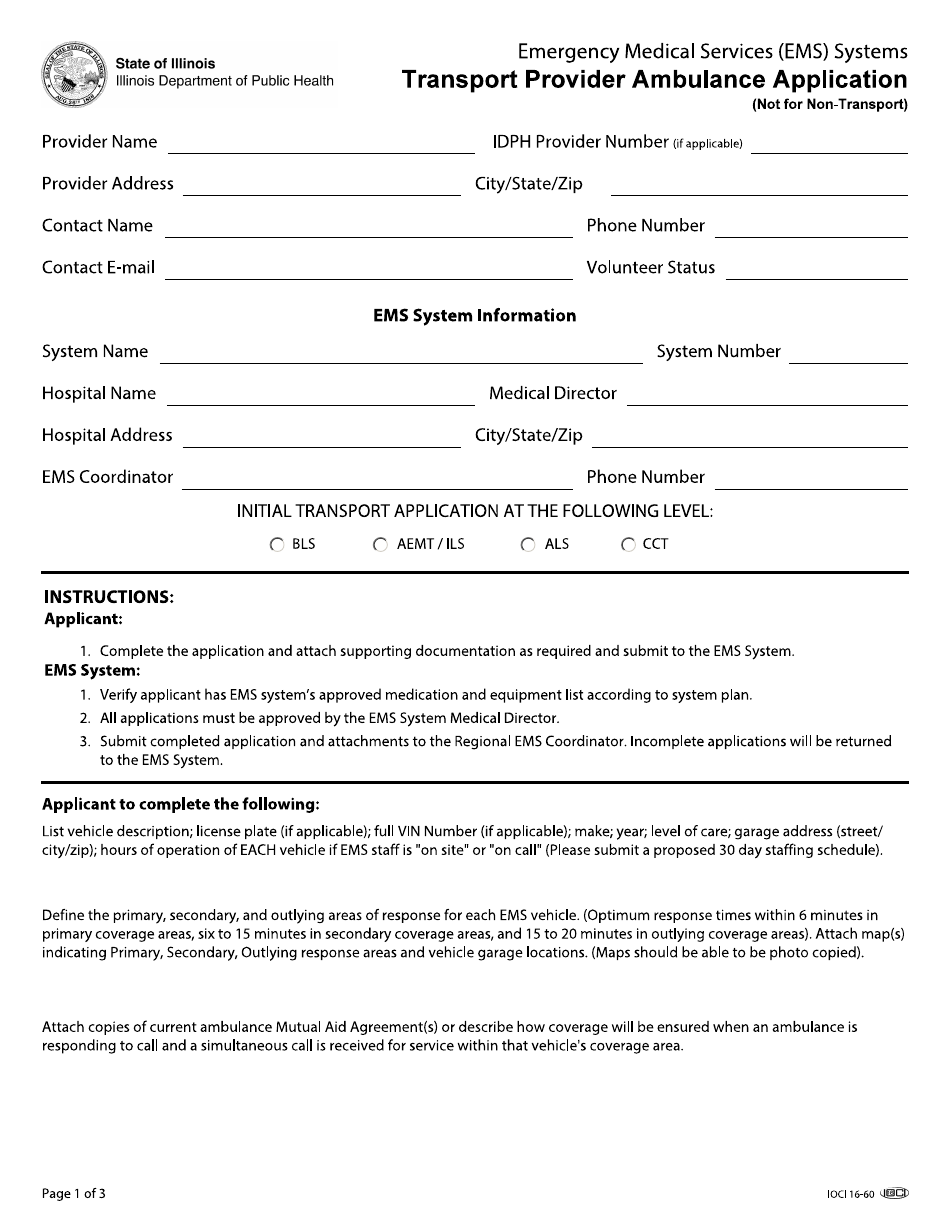 Form IOCI16-60 Emergency Medical Services (EMS) Systems Transport Provider Ambulance Application - Illinois, Page 1