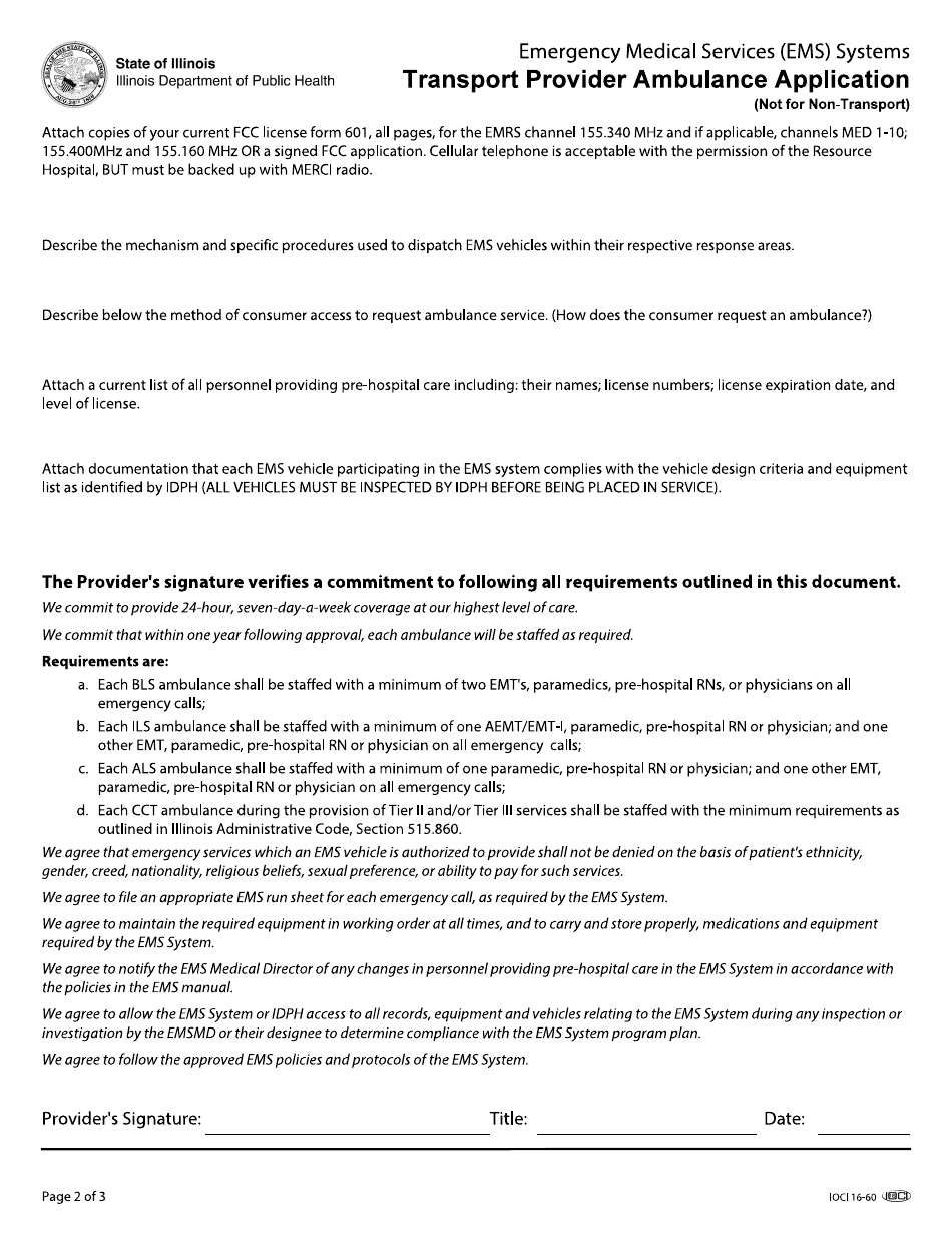 Form IOCI16-60 Emergency Medical Services (EMS) Systems Transport Provider Ambulance Application - Illinois, Page 2